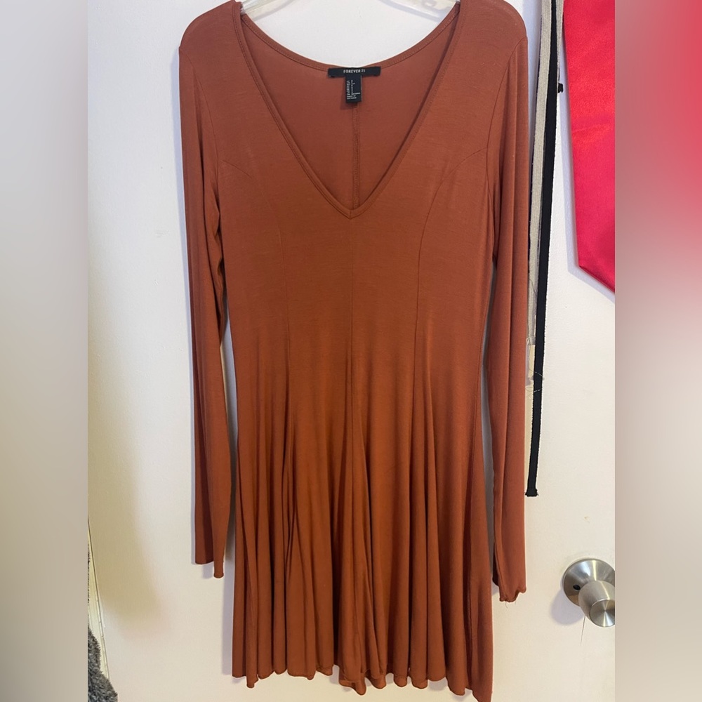 Brown/Tan Long Sleeve Flare Dress